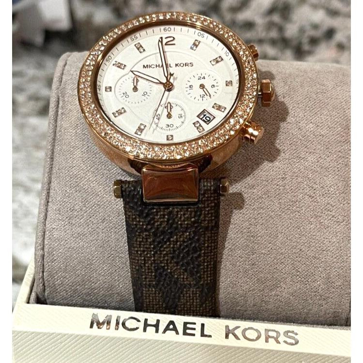 Michael Kors White Face Parker Rose Gold Pave Chronograph Logo Watch Band