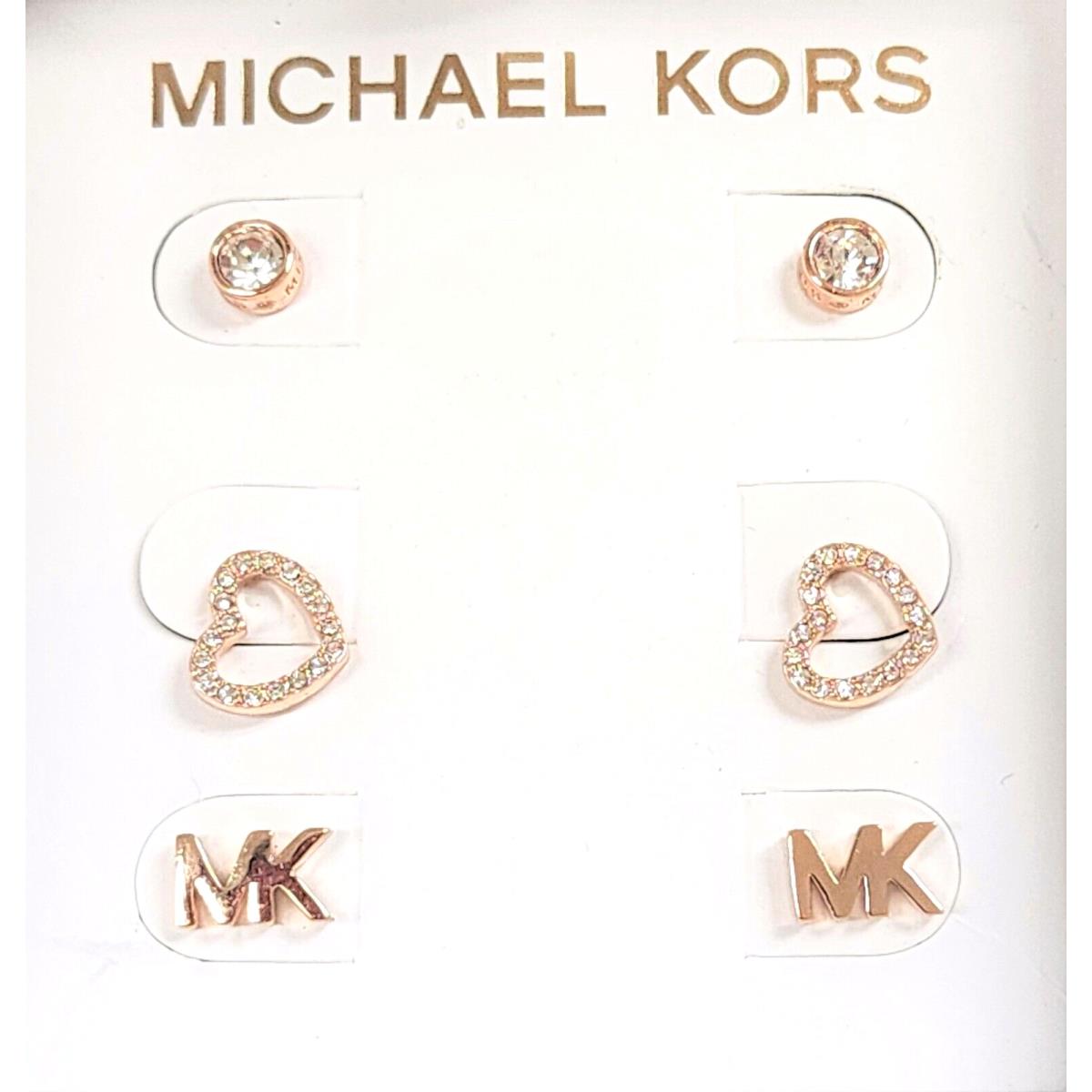 Michael Kors 3 PC Set Rose Gold Tone Crystal Pave Heart Logo Stud Earrings