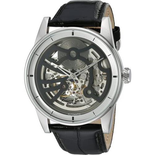 Kenneth Cole New York Automatic Skeleton Black Leather Men`s Watch 10022563 - Skeleton Display Dial