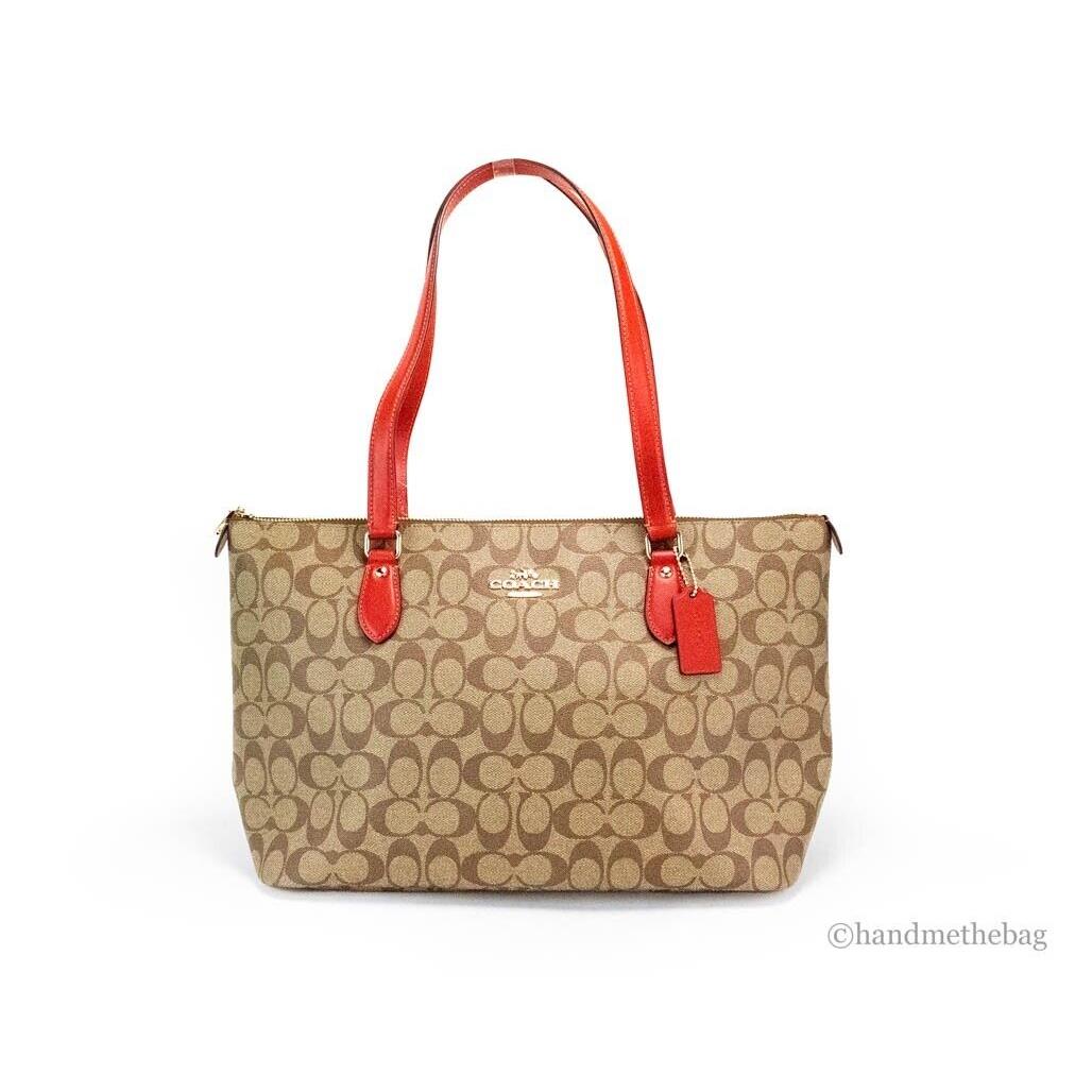 Coach CH504 Gallery Khaki Red Signature Coated Canvas Tote Shoulder Handbag