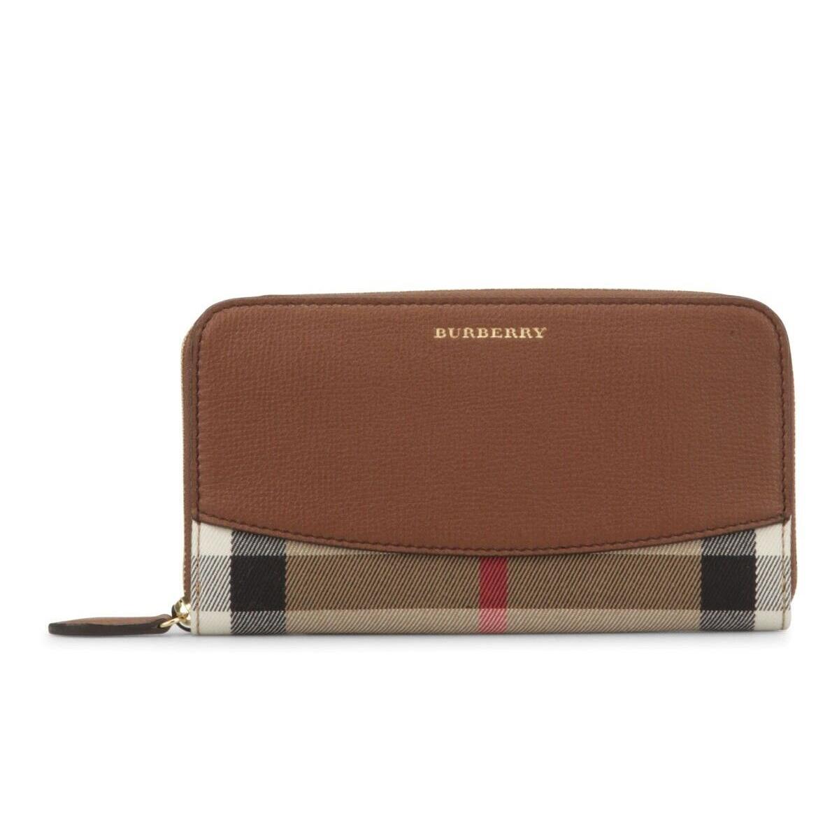 Burberry Elmore Brown House Check Derby Leather Zip Around Logo Clutch Wallet