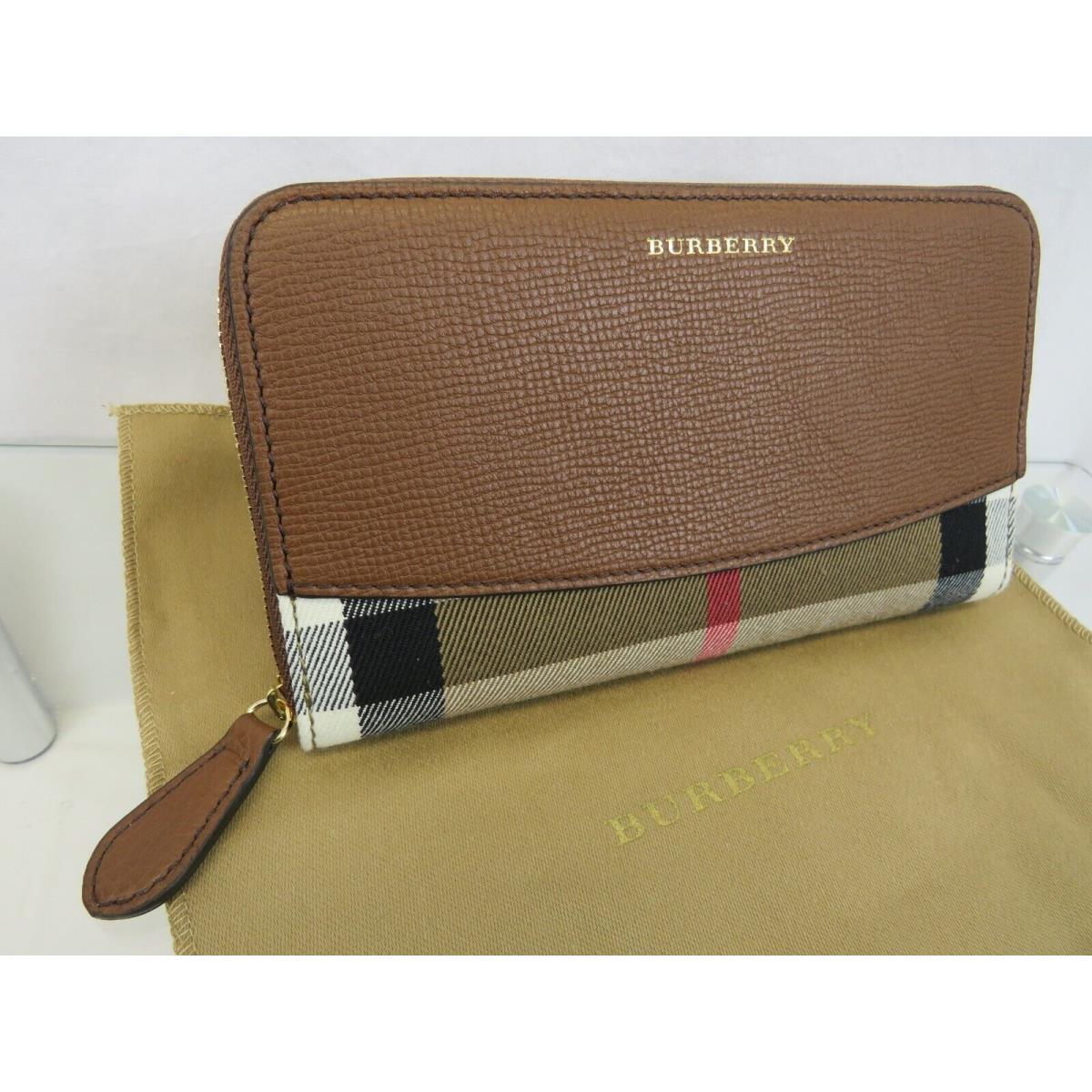 Burberry Elmore Brown House Check Derby Leather Zip Around Logo Clutch Wallet