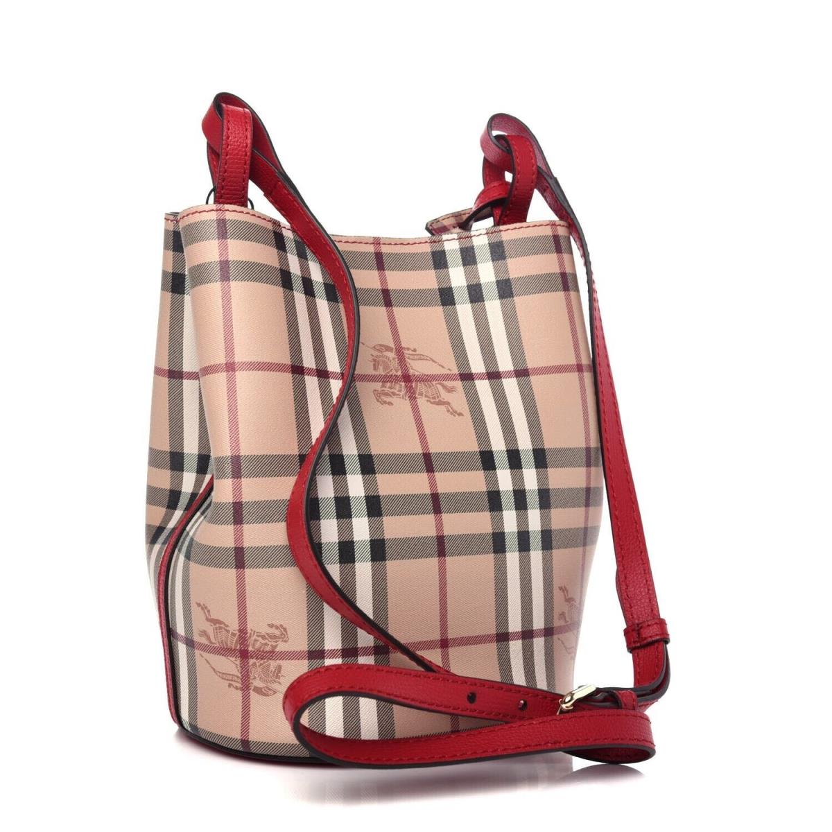 Burberry Lorne Red Leather Haymaket Nova Check Crossbody Bucket Small Bag