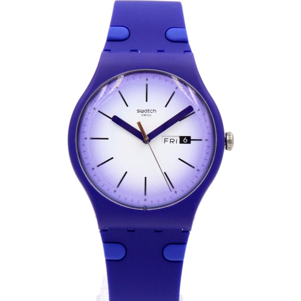 Swiss Swatch Violet Verbena Silicone Deep Blue Day-date Watch 41mm SUON716