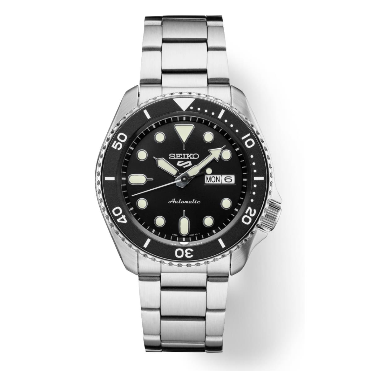 Seiko 5 Sports SRPD55 42.5 mm Steel Black Dial Day Date Automatic Men`s Watch - Black Dial, Silver Band, Black Bezel