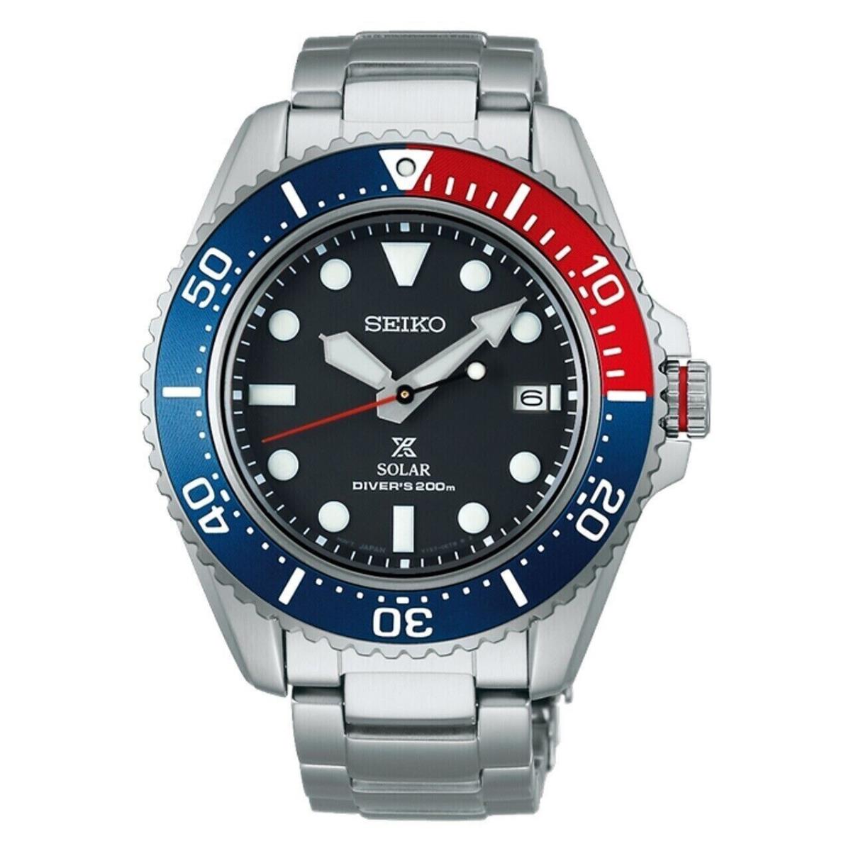Seiko Men s Solar Diver Black Dial Pepsi Steel Bracelet Watch SNE591 - Band: Silver