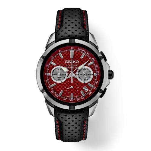 Seiko Coutura Chronograph Red Dial Steel 43 mm Leather Quartz Men`s Watch SSB435 - Dial: Red, Band: Black, Bezel: Silver