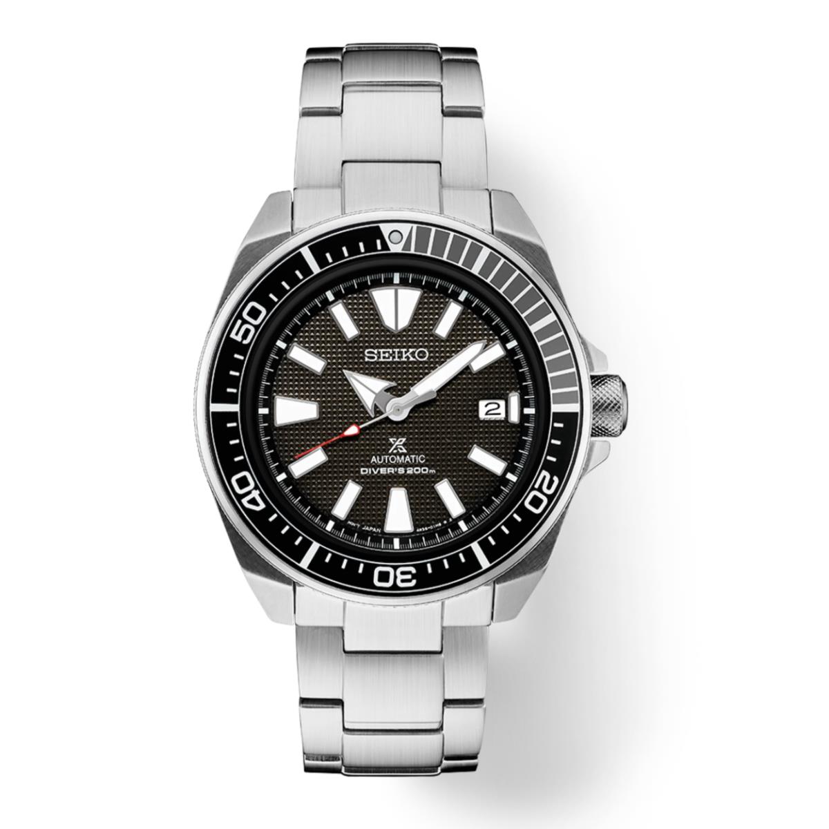 Seiko SRPF03 Prospex 44 mm Steel Black Dial 200M Automatic Diver Men`s Watch - Dial: Black, Band: Silver, Bezel: Black