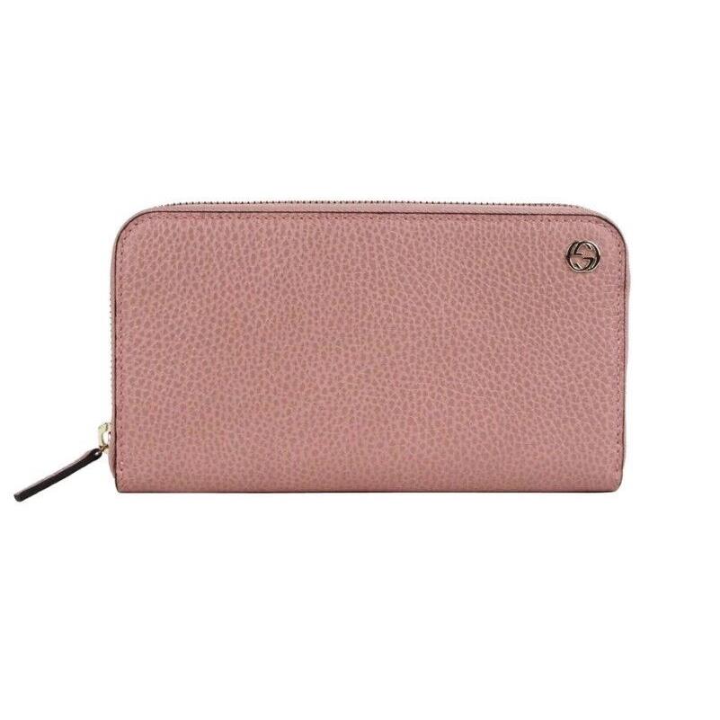 Womens Gucci Soft Pink Leather Gold Interlocking G Zip Around Wallet $595msr