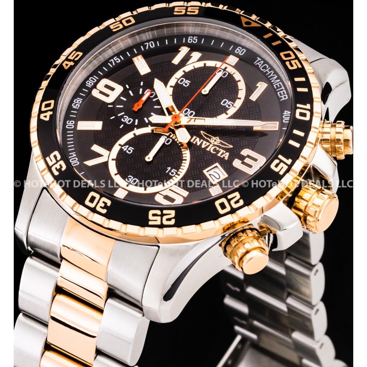 Invicta Mens Specialty Chronograph Black Dial Rose Gold Plated 2-Tone S.s Watch - Dial: Black, Band: Rose Gold, Silver, Bezel: Black, Rose Gold