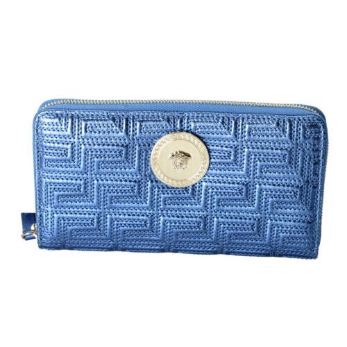 Versace Women`s Sparkle Blue Leather Medusa Embellished Zip Around Wallet