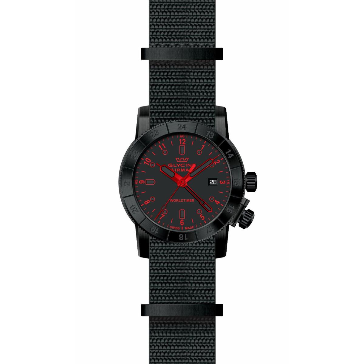 Glycine GL1027 Airman 42mm Swiss Quartz Gmt Black Dial Black Nylon Strap Watch