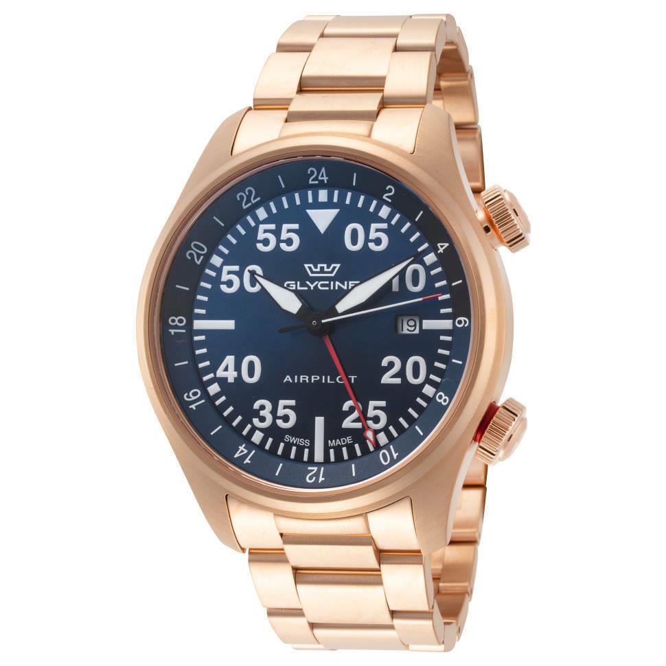 Glycine Airpilot Gmt Swiss Men`s Pilot Aviator Watch Blue Dial Gold GL0350 44mm