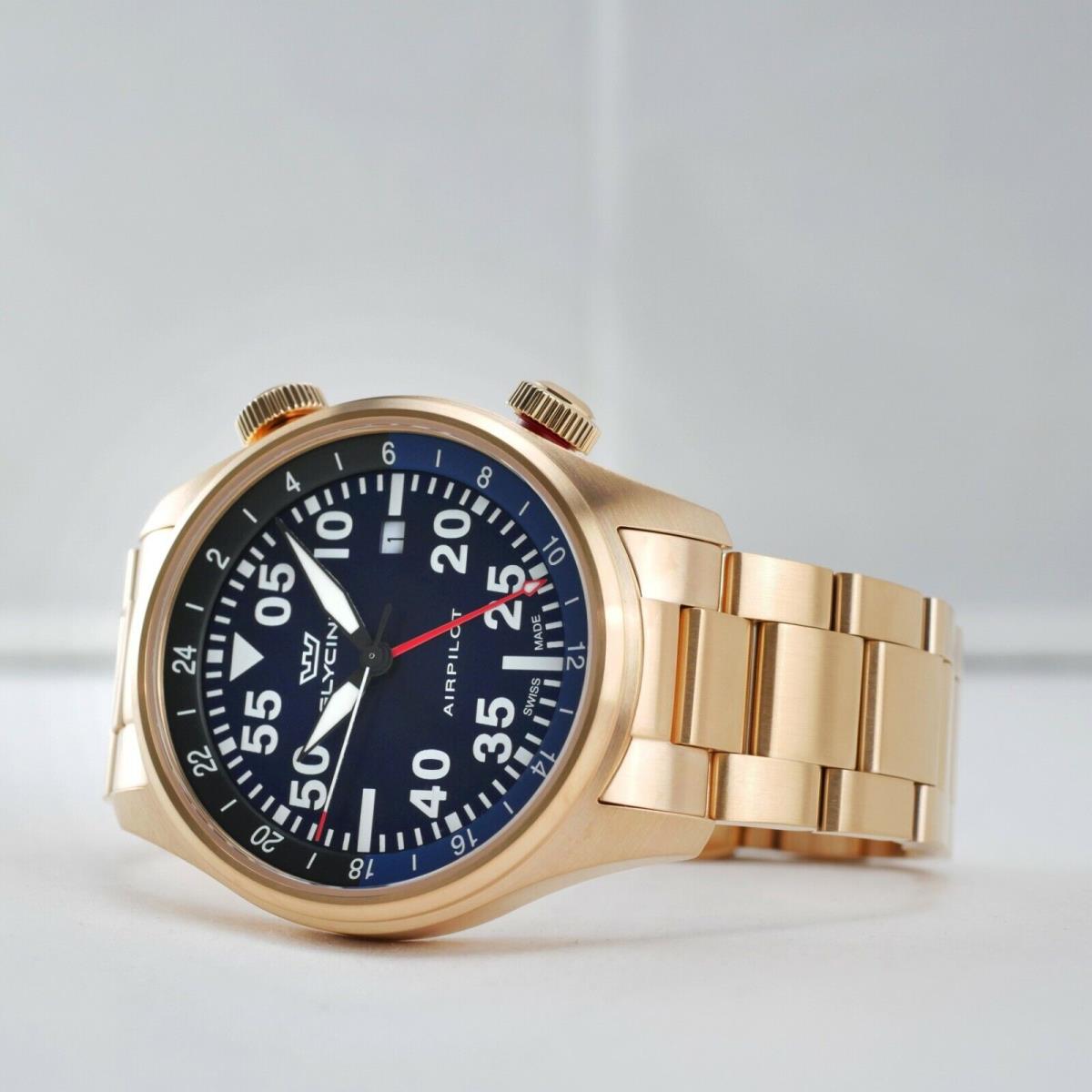 Glycine Airpilot Gmt Swiss Men`s Pilot Aviator Watch Blue Dial Gold GL0350 44mm