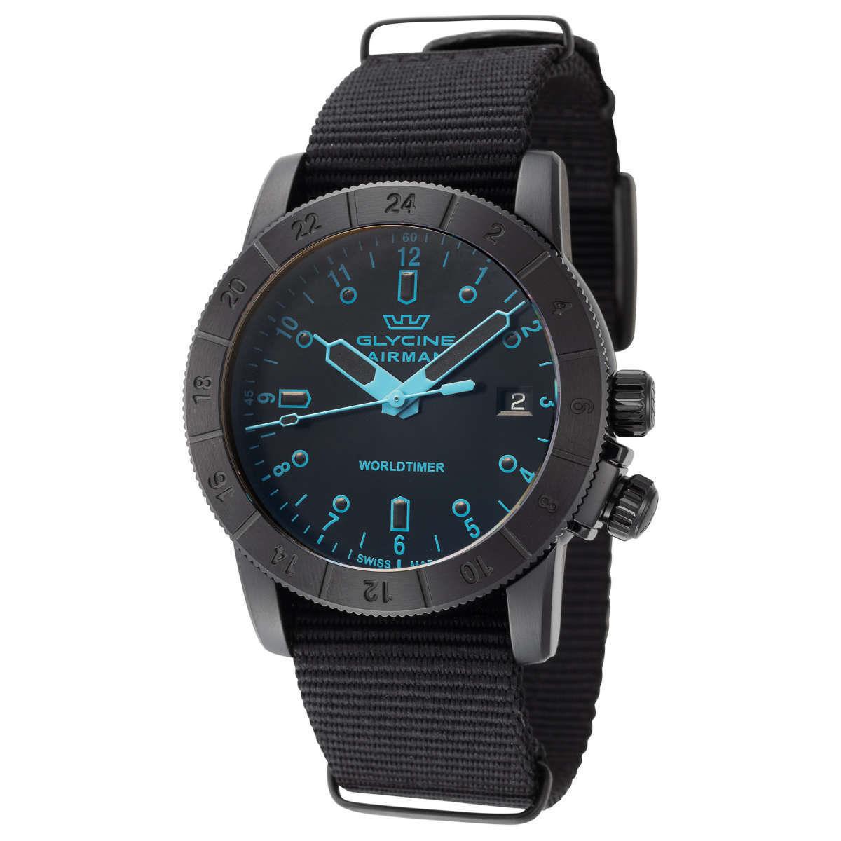 Glycine Airman Contemporary Black Dial Quartz Nylon Strap Swiss Watch GL1034
