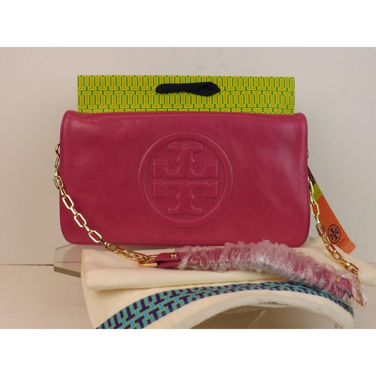 Tory Burch Magenta Texture Leather Bombe Big Reva Gold Chain Clutch Bag