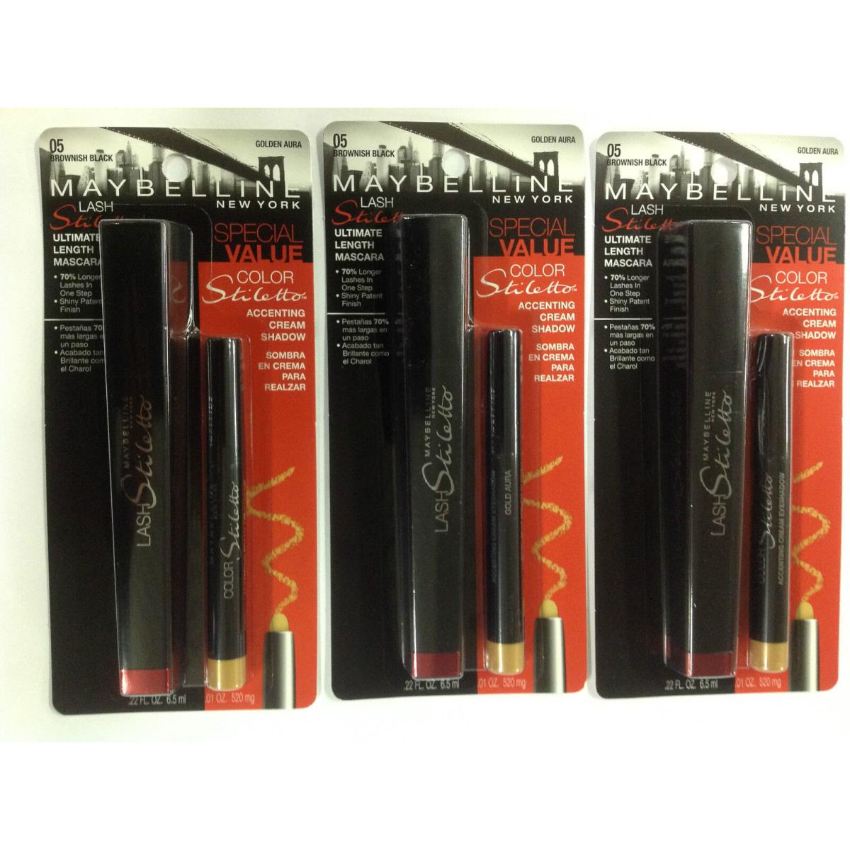 3X Maybelline Lash Stiletto Mascara Cream Shadow Brownish Black/golden Aura 05