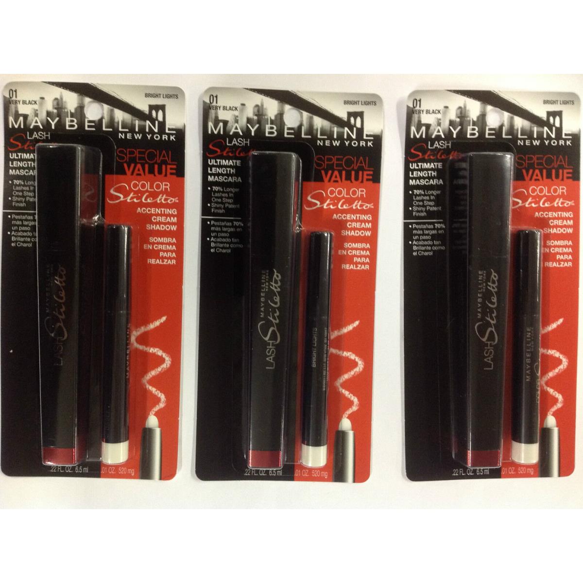 3 X Maybelline Lash Stiletto Mascara Cream Shadow Very Black/bright Lights 01