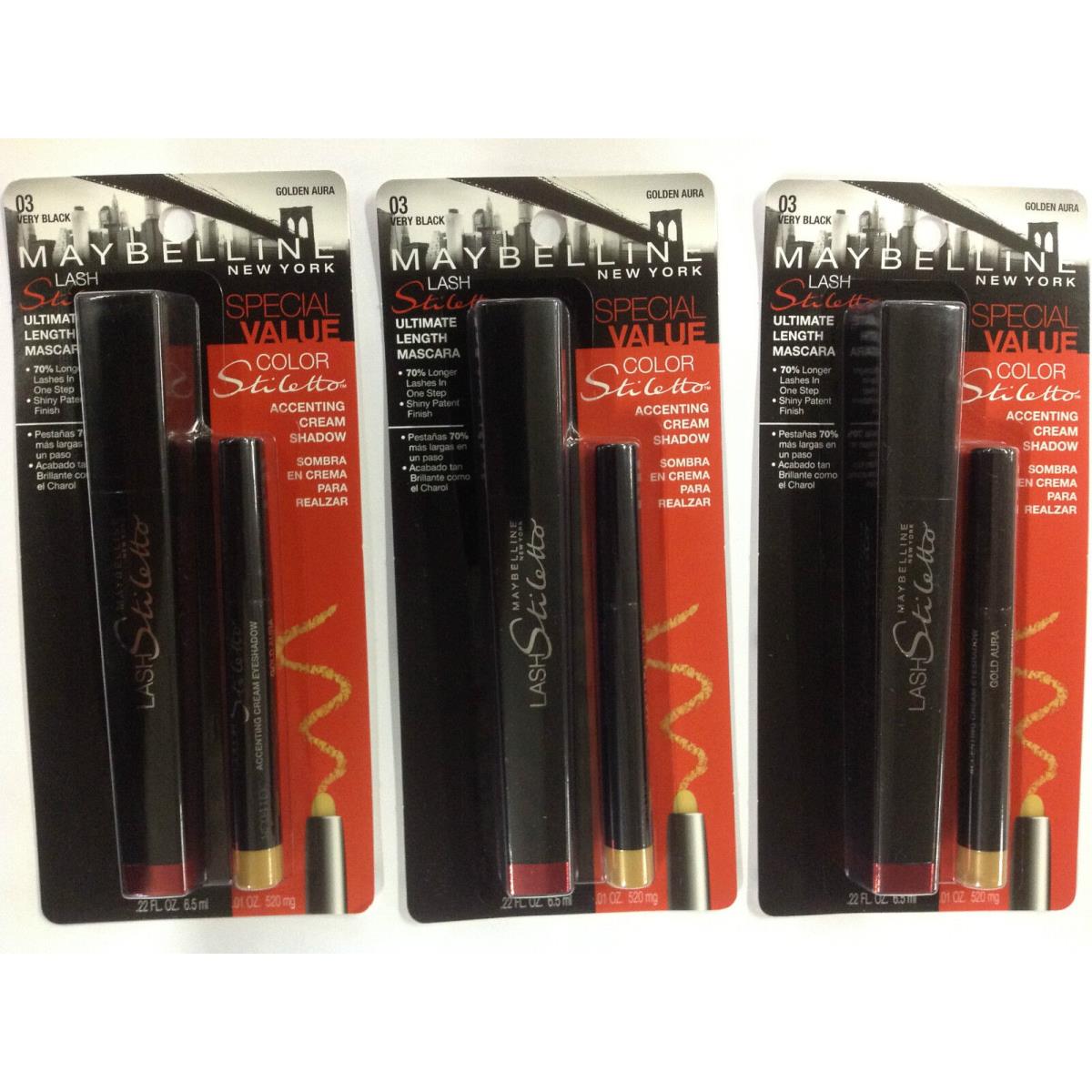 3 X Maybelline Lash Stiletto Mascara Cream Shadow Very Black/golden Aura 03