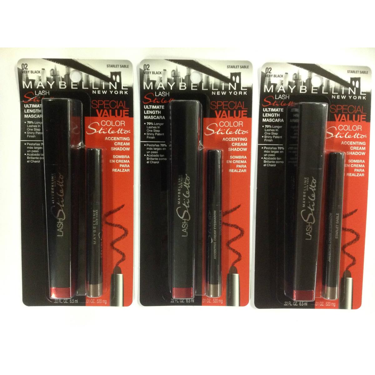 3 X Maybelline Lash Stiletto Mascara Cream Shadow Very Black/starlet Sable 02