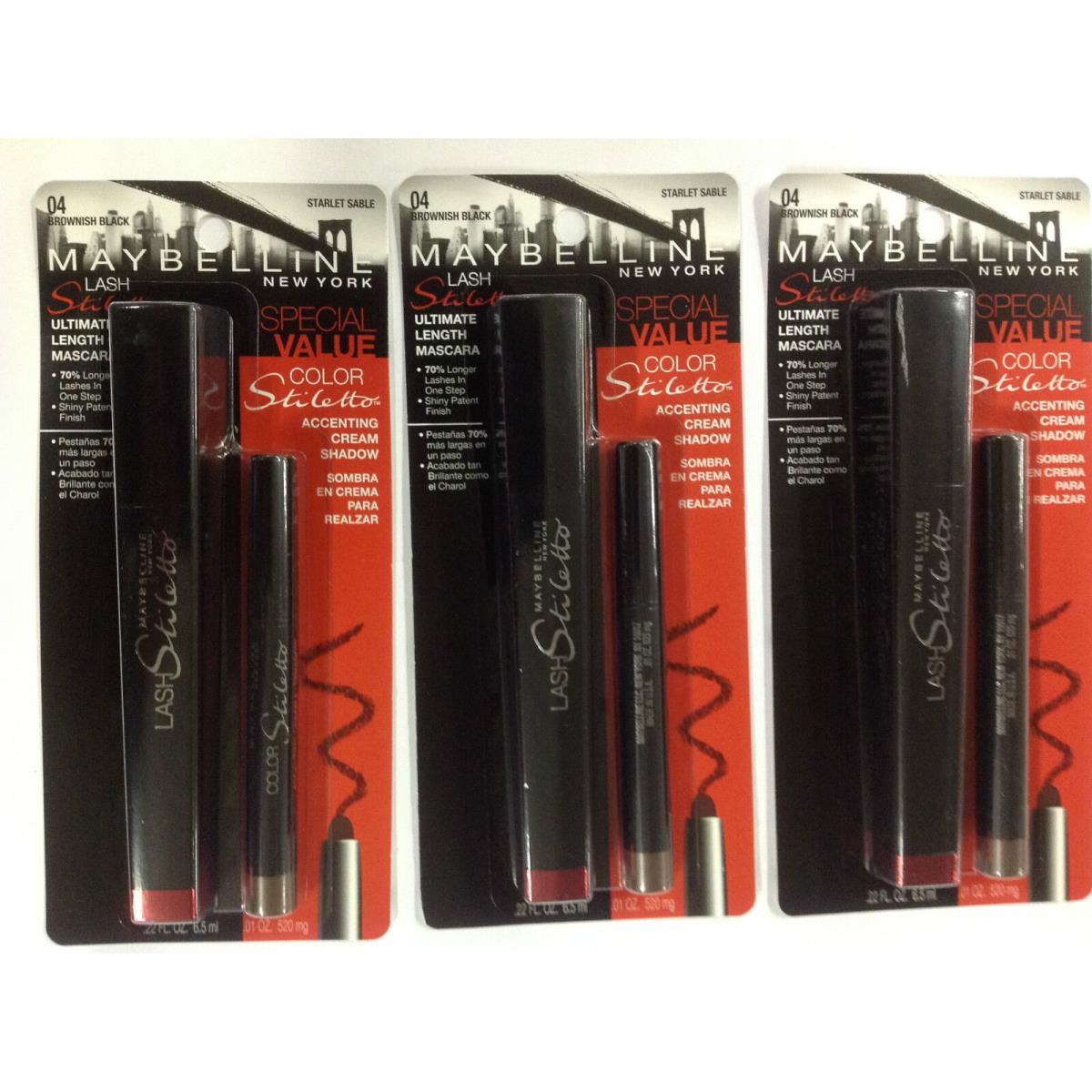 3 X Maybelline Stiletto Mascara Cream Shadow Brownish Black/starlet Sable 04