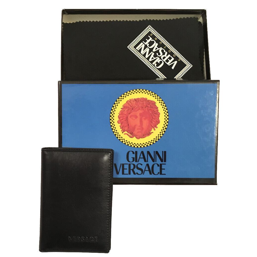 Vintage 90`s Gianni Versace Card Case Wallet Black Leather