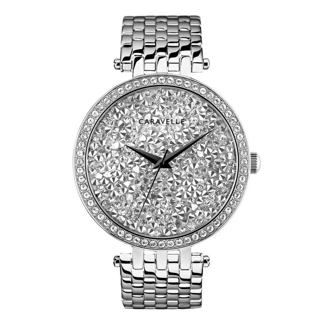 Caravelle Women`s Quartz Modern Crystal Silver Stainless Steel 38MM Watch 43L206 - Dial: Silver, Band: Silver, Bezel: Silver