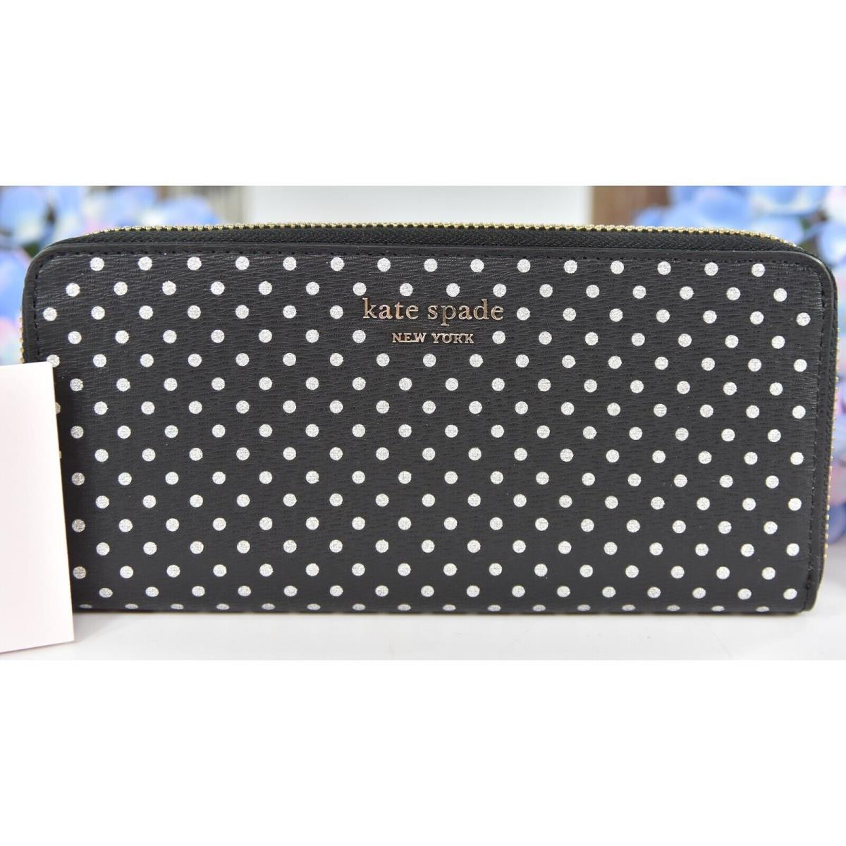 Kate Spade Black Silver Metallic Dot Spencer Zip Around Lacey Wallet