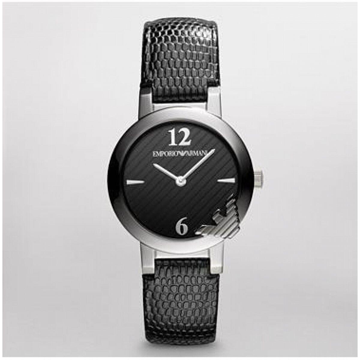 Emporio Armani Silver Tone Black Embossed Leather Band Logo WATCH-AR0744