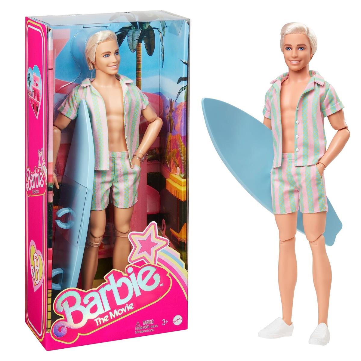 Barbie The Movie Ken Doll Wearing Pastel Pink and Green Striped Beach Matching