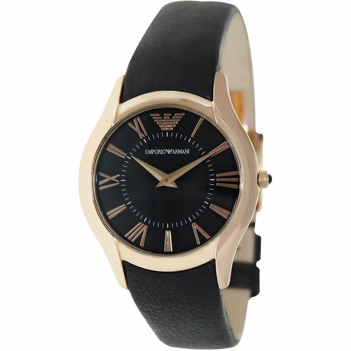 Emporio Armani Rose Gold Tone Black Leather Band Round WATCH-AR2043