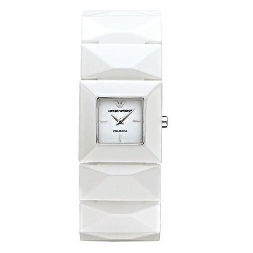 Emporio Armani All White Pyramid Shape Ceramic Band Mother OF Pearl Watch AR1436