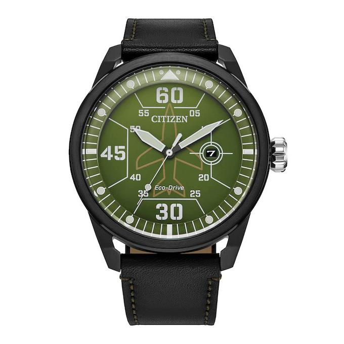 Citizen Avion Green Dial Black Leather Band Watch Date Display AW1735-03X