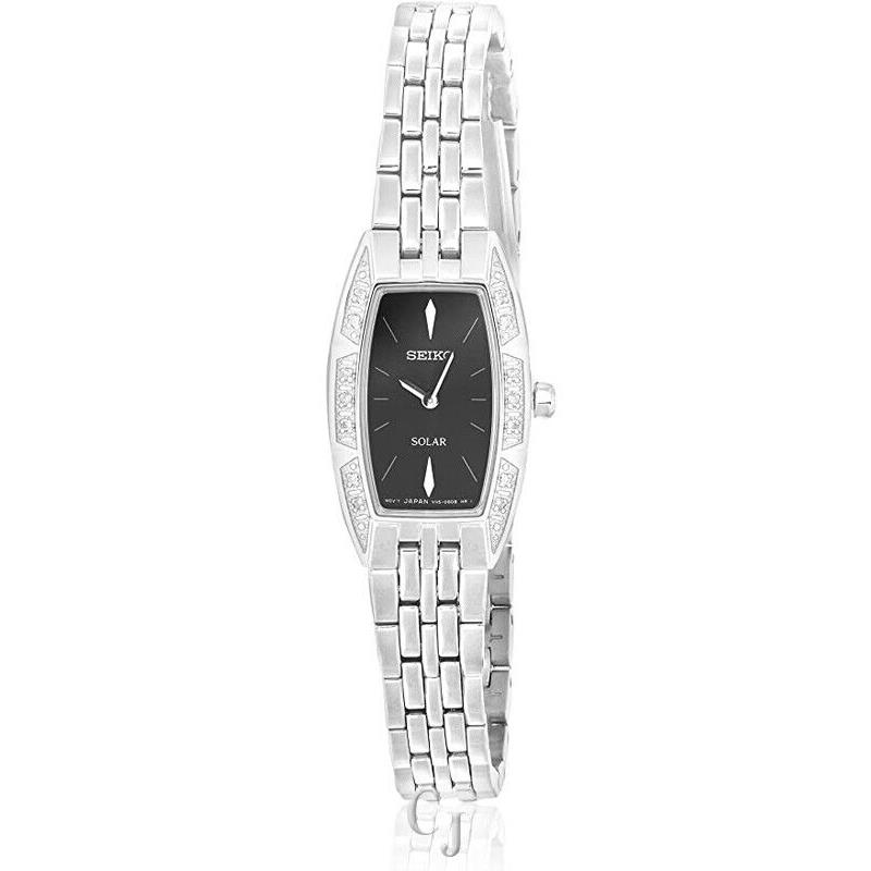 Seiko Women S Solar Swarovski Crystals Black Dial Watch SUP149 - Dial: Black, Band: Silver, Bezel: