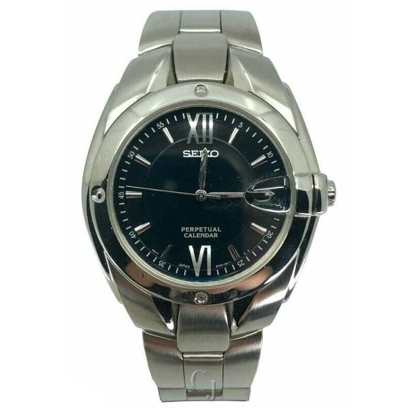 Seiko Perpetual Calendar Black Dial Watch 8D7511 - Black Dial, Silver Band, Silver Bezel