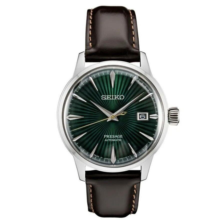 Seiko Men`s Presage Green Dial Brown Leather Strap Watch - SRPD37