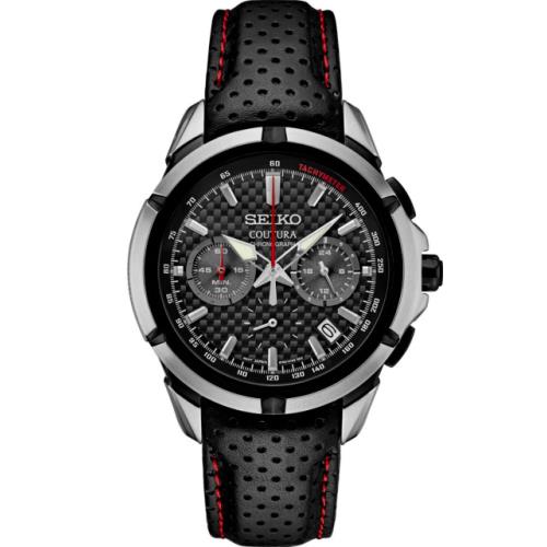 Seiko Men`s Coutura Quartz Chronograph Black Dial 43mm Leather Watch SSB437