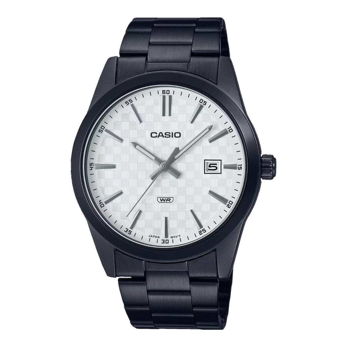 Casio MTP-VD03B-7A Men`s Standard White IP Stainless Steel Black Dial Watch - Dial: White, Band: Black, Bezel: Black