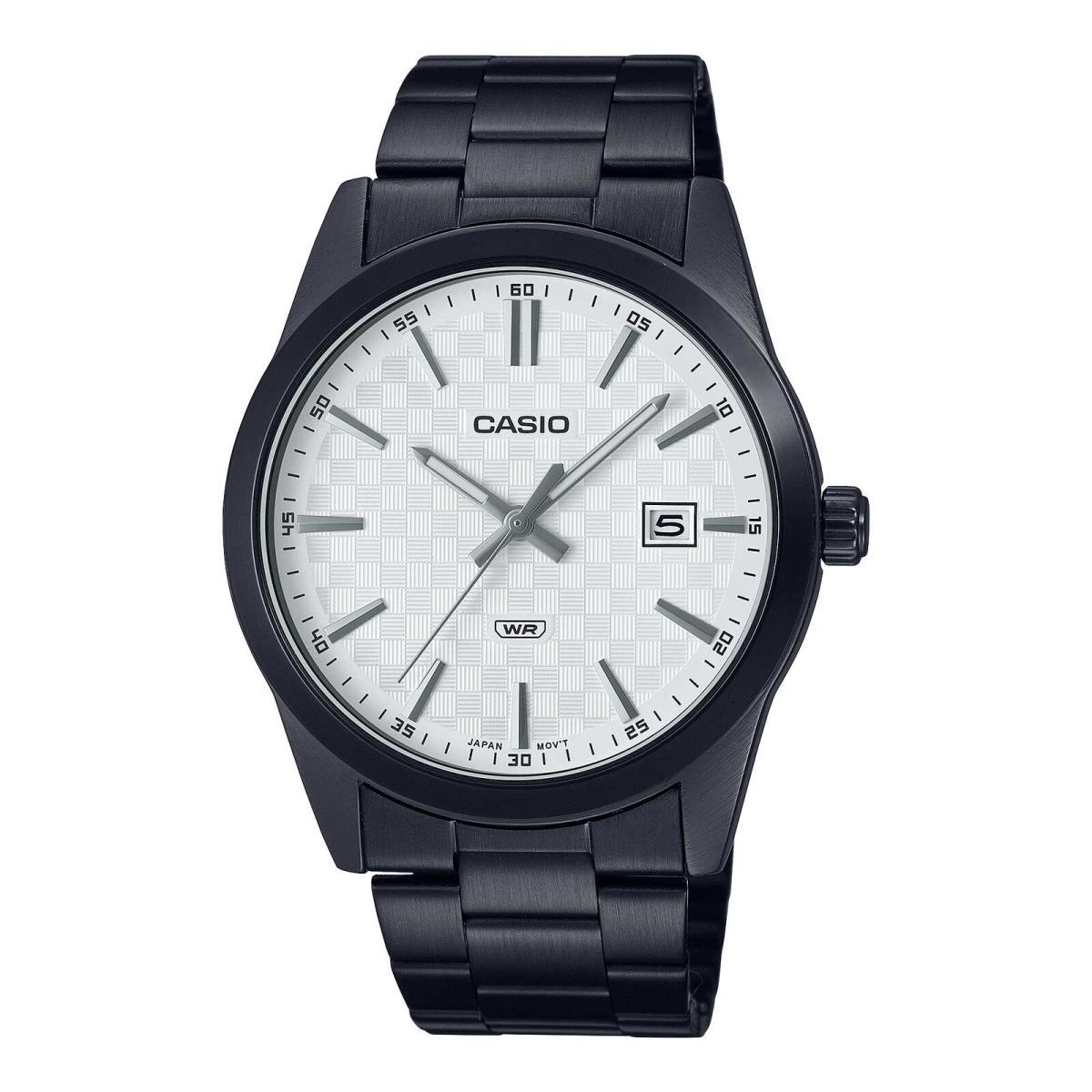 Casio MTPVD03B-7A Men`s Analog White Dial Black Ion Plated Stainless Steel Watch - Dial: White, Band: Black, Bezel: Black