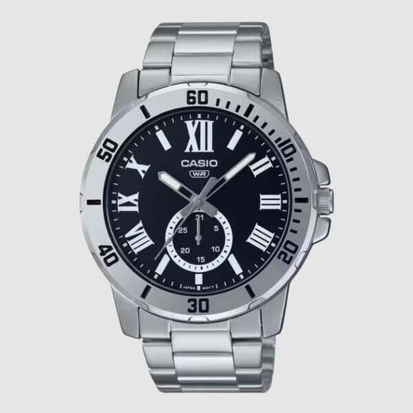 Casio MTPVD200D-1B Men`s Standard Analog Black Dial Stainless Steel Band Watch - Dial: Black, Band: Silver, Bezel: Silver