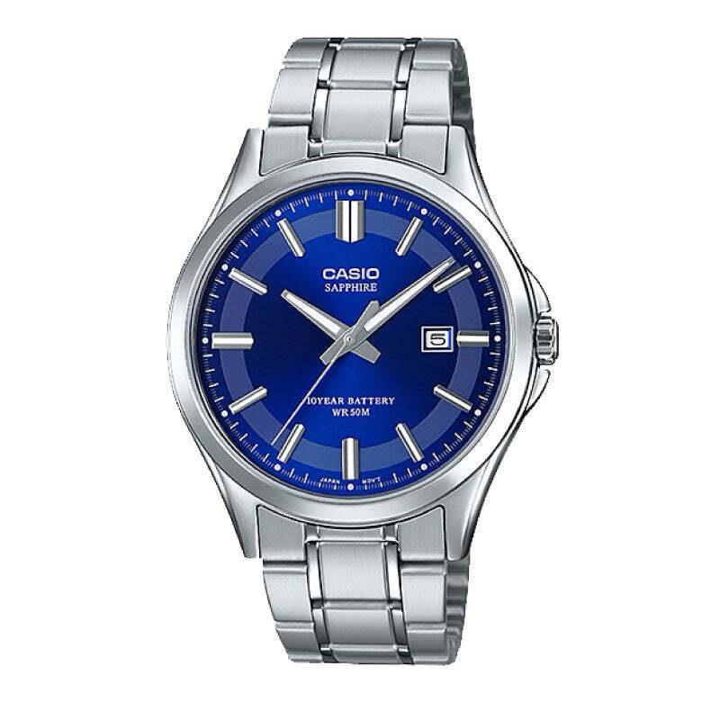 Casio MTS100D-2A Men`s Standard Analog Silver Stainless Steel Band Watch - Dial: Blue, Band: Silver, Bezel: Silver