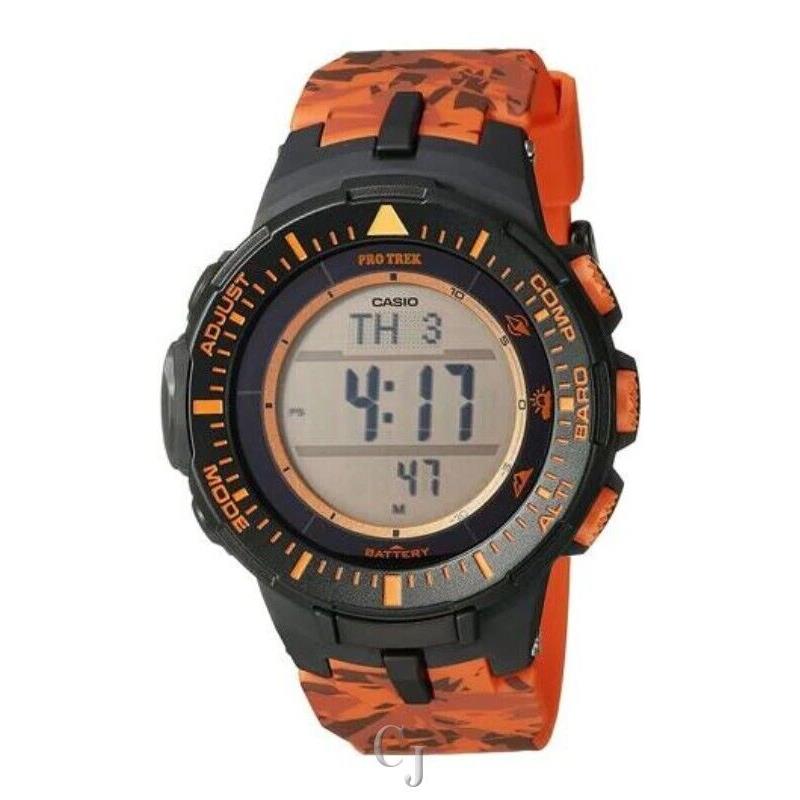 Casio Pro Trek Solar Powered Triple Sensor Orange Camo Men S Watch PRG300CM-4 - Dial: Black, Band: Orange, Bezel: Black