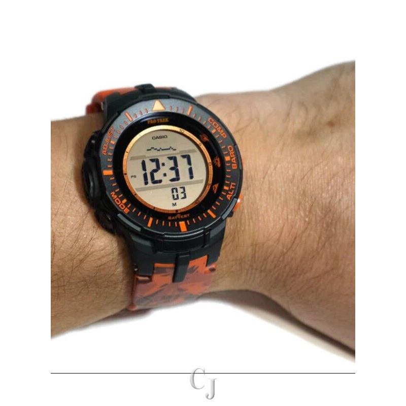 Casio Pro Trek Solar Powered Triple Sensor Orange Camo Men S Watch PRG300CM-4 - Dial: Black, Band: Orange, Bezel: Black