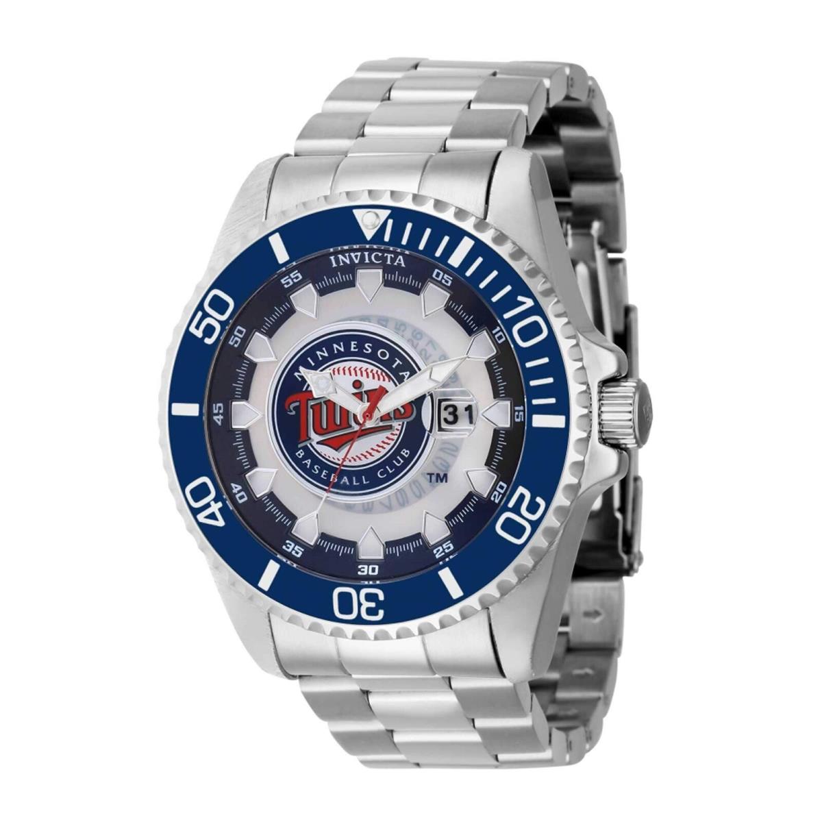 Invicta Men`s Watch Mlb Minnesota Twins Date Display Silver Steel Bracelet 43470