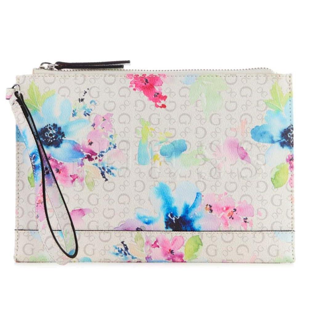 Guess Women`s White Logo Pink Blue Floral Zip Wristlet Wallet Clutch Bag