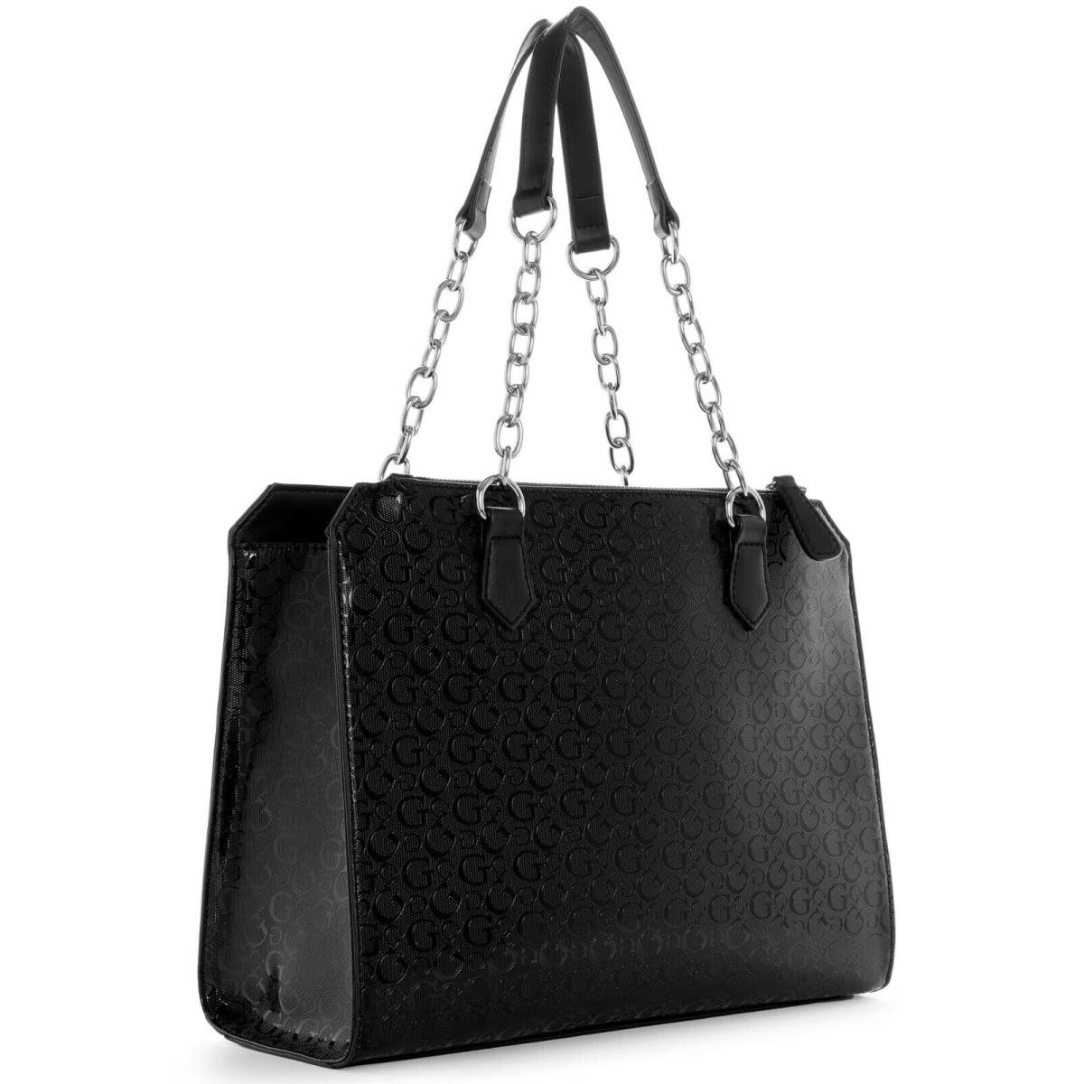 Guess Women`s Logo Debossed Chain Handle Satchel Tote Bag Handbag - Black