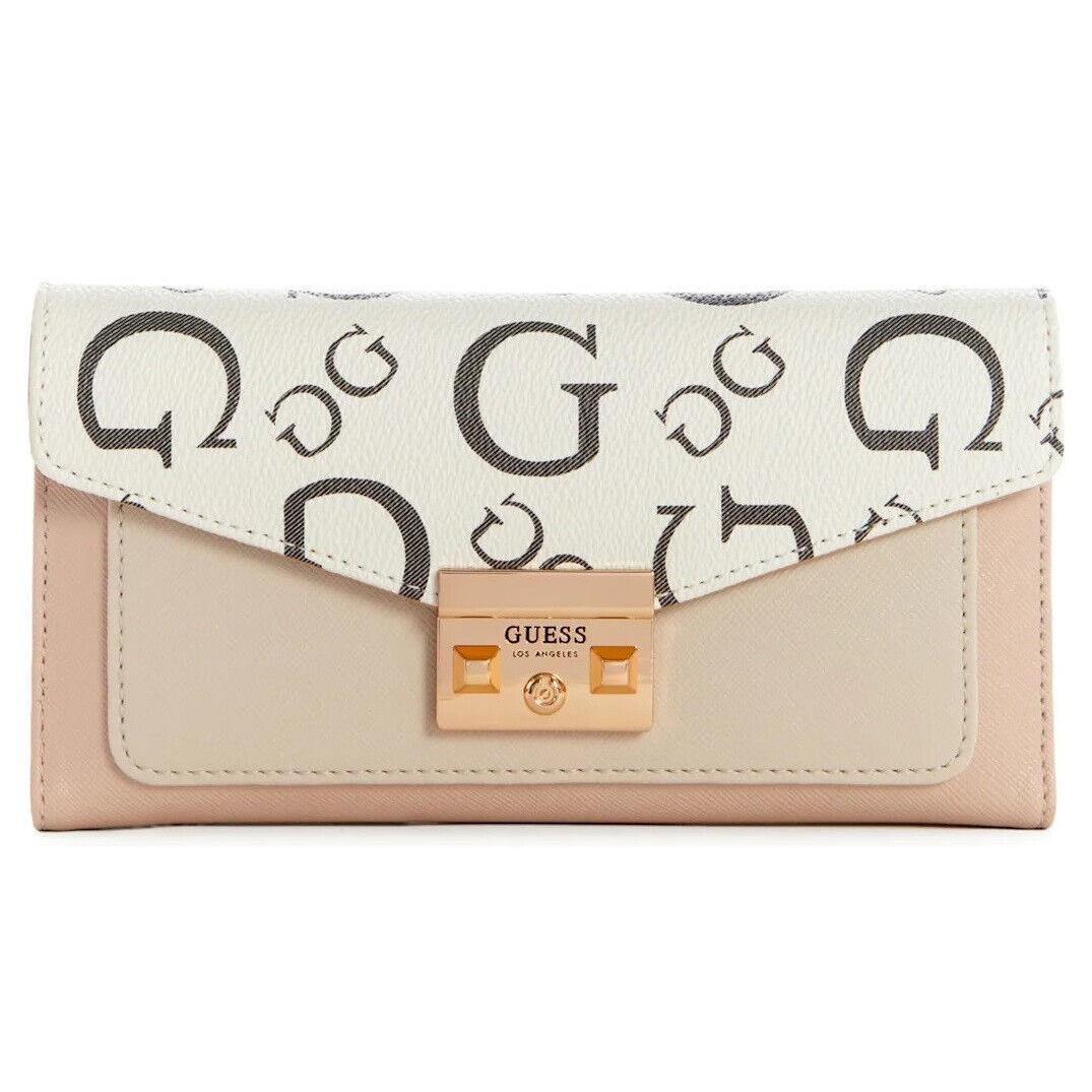 Guess Women`s Marlo Brown Beige Logo Printed Front Pocket Wallet Clutch Bag
