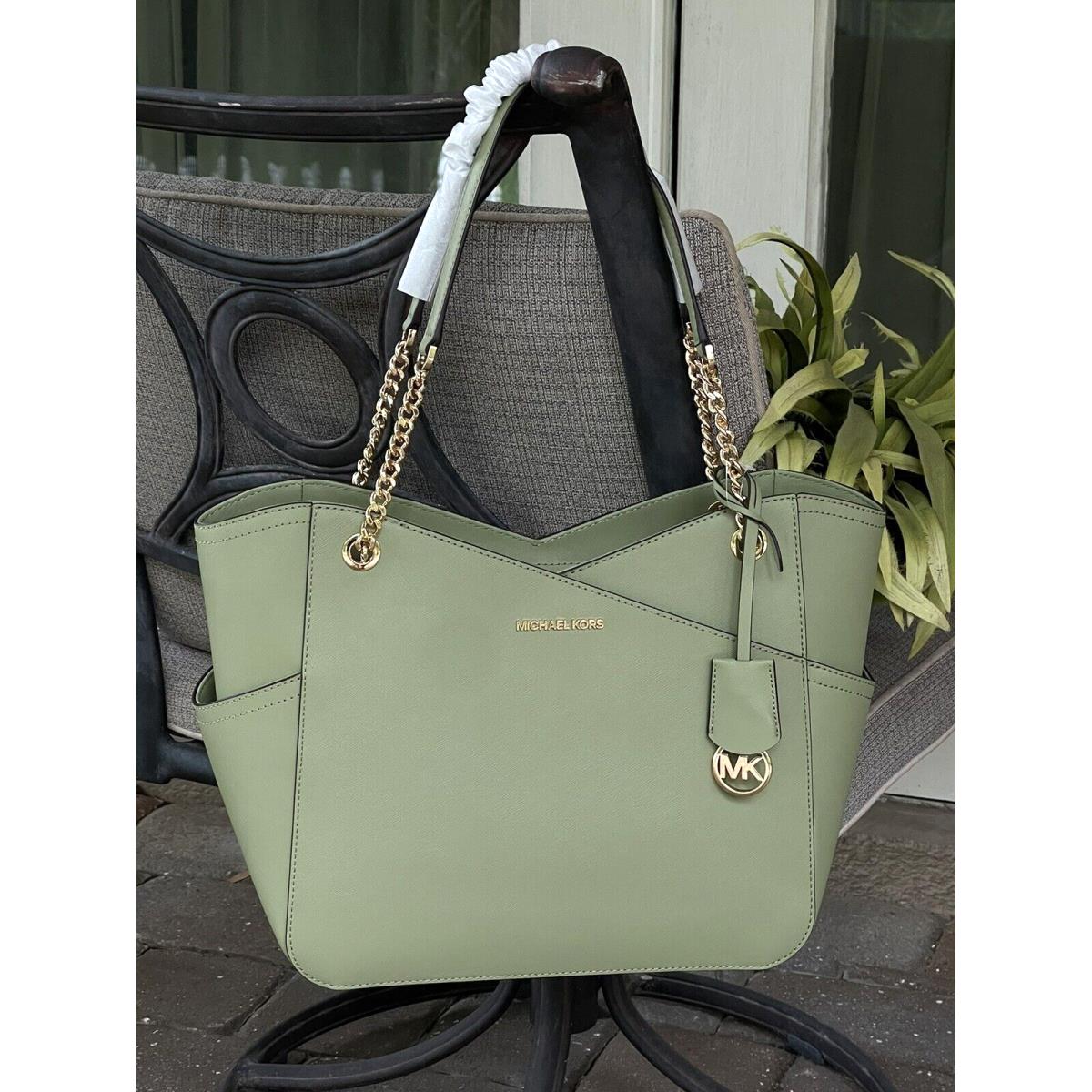 Michael Kors Jet Set Travel Large Top Zip Chain Tote Light Sage Green  Leather