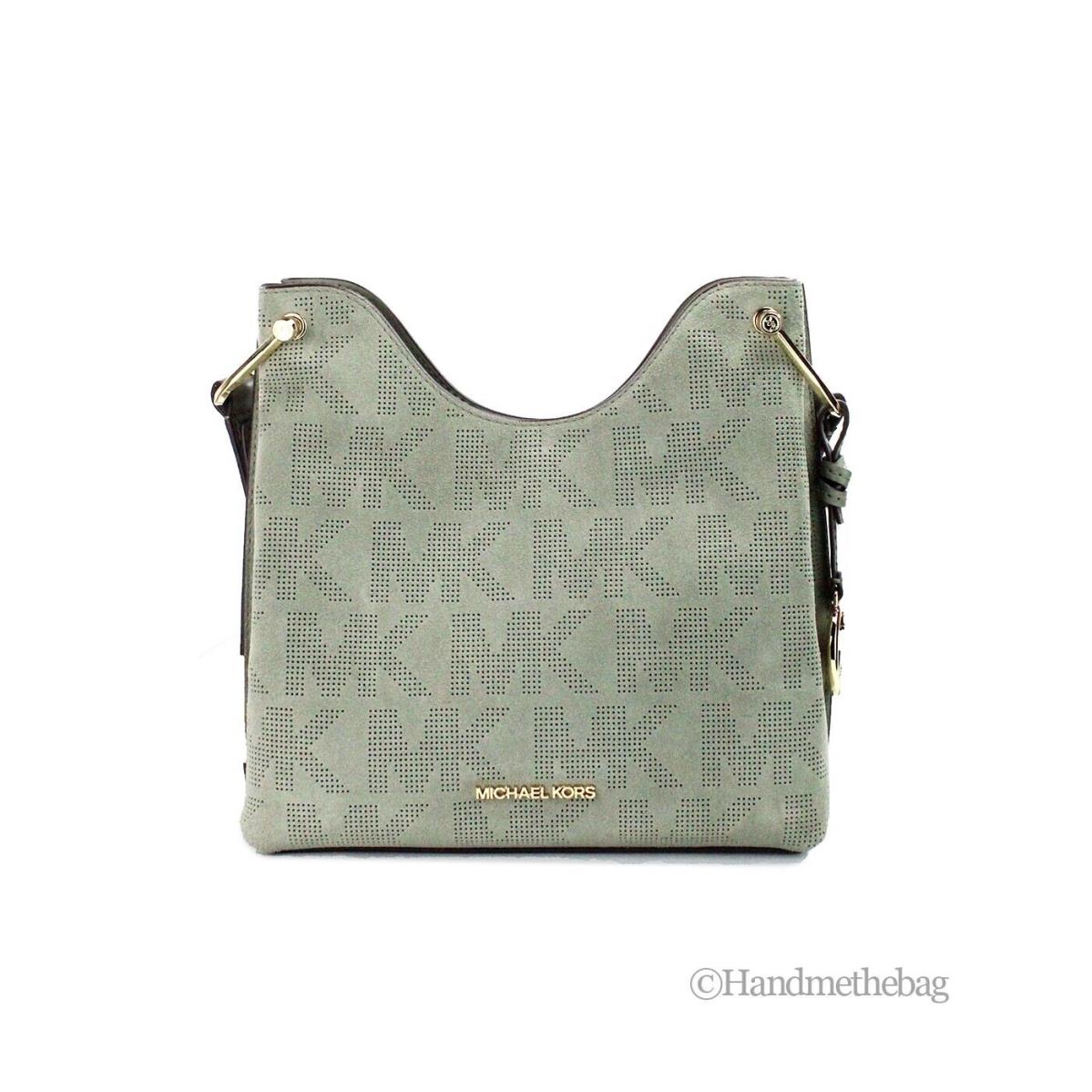 Michael Kors Joan Small Green Perforated Suede Leather Slouchy Messenger Handbag