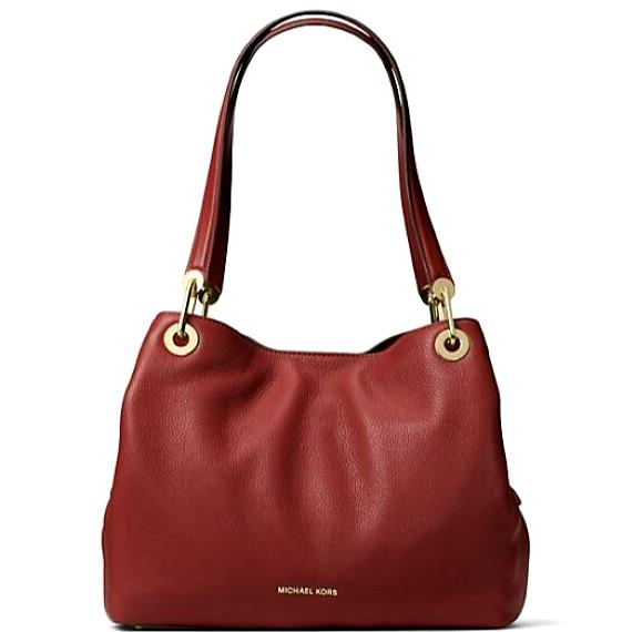 Michael Kors Raven Maroon Red Leather Gold Logo Large Shoulder Tote Bag